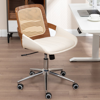 Swivel Home Office Chair - Upholstered Faux Leather & Rattan Back Desk Chair, Ergonomic Executive Chair with Lumbar Support