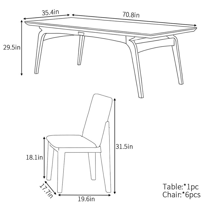 Nordic minimalist rectangular dining table set, 29.5"H x 70.8"L x 35.4"W