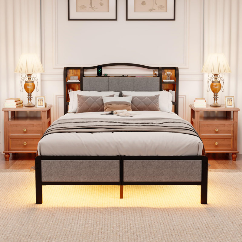 Upholstered Bed Frame With Led Lights & Charging Station, King