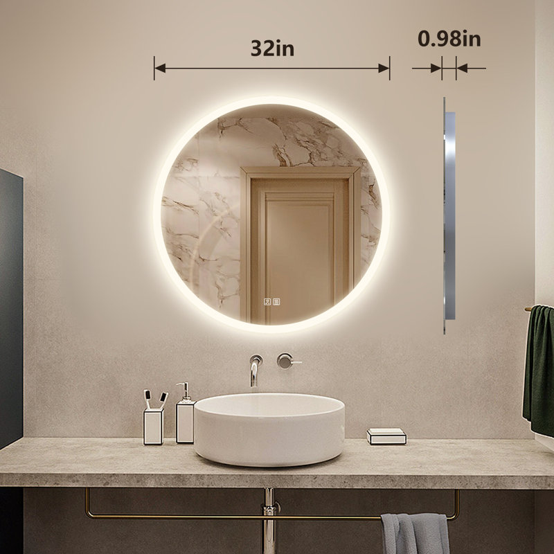 Naliyah Round Energy Saving Copper-Free Silver LED Lighted Bathroom / Vanity Mirror, Anti-Fog, Dimmable, 32" x 32"