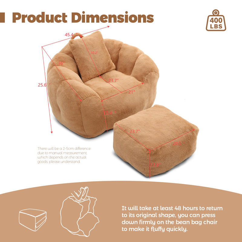ESGiant Bean Bag Chair,Lounge Chair Floor Lazy Sofa Bed with Ottoman & Pillow,Khaki, Brown Faux Fur