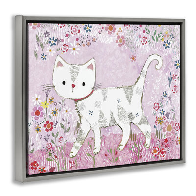 Walking Cat on Pastel Pink Floating Frame, design by Clare Tupper