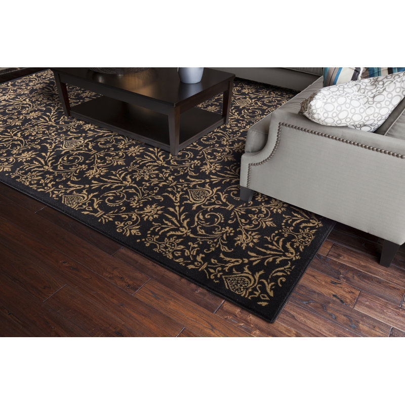 Tapis noir et brun à motif floral tissé à plat Edmont, Rectangle 6 pi 7 po x 9 pi 3 po