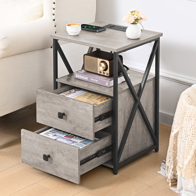 LED Nightstand, Night Stand with Charging Station, End Table, Light Gray