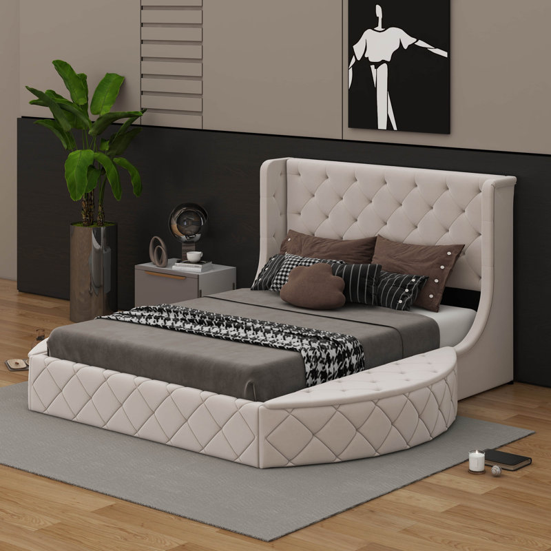 Lit plateforme tapissier en velours avec tête de lit à oreilles, 1 tiroir et 2 tabourets de rangement latéraux, Beige