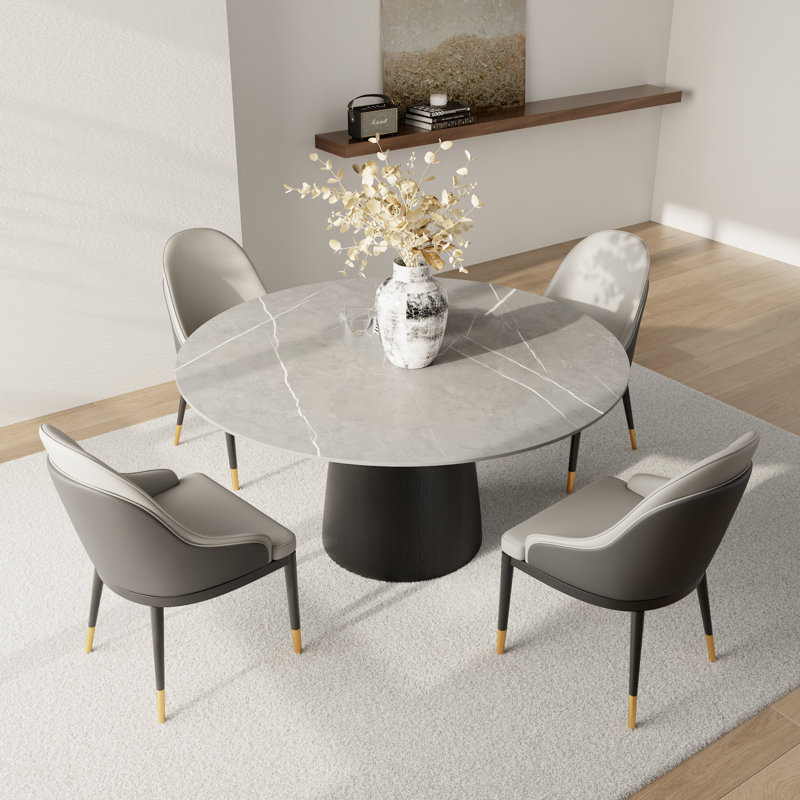 Cuisine / salle à manger ronde moderne Bobrow Mid-Century Margene avec chaises rembourrées en cuir, Neige blanche