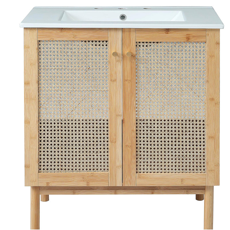 Meuble-lavabo de 30 pouces avec portes en bambou tissé à la main, armoire en panneau de fibres à densité moyenne et conception à fermeture en douceur