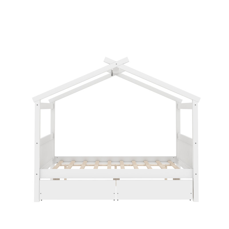 Wooden House Bed With Drawers, White, Twin
