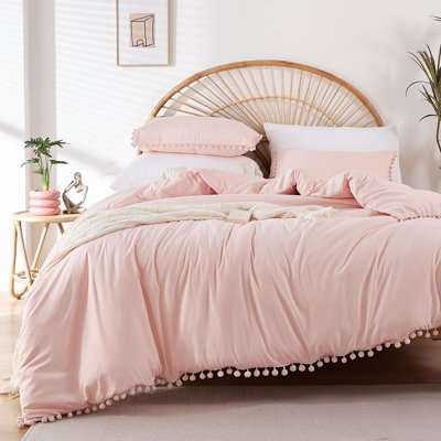 Twin Size Comforter Set With Ball Pom Fringe, Soft All-Season Bedding Set, 2-Piece Set, 1 Pillow Sham)