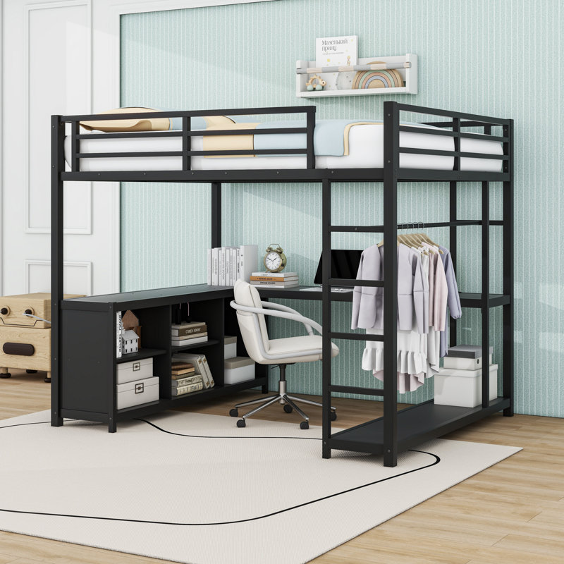 Lit mezzanine en métal avec bureau, garde-robe et tablettes de rangement, Grand lit, Noir