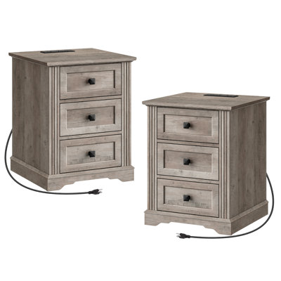  Night Stand Set of 2 with 3 Drawers, 17.7 Inch Wide End Tables with Charging Station, Farmhouse Nightstand, Bedside End Tables Living Room