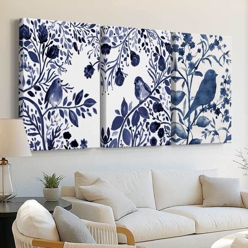 Indigo Song I - Toile tendue avec châssis sur mesure - 3 pièces, H 27 po x l 54 po
