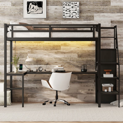 Loft Bed With L-Shaped Desk And USB, Metal Loft Bed With Wardrobe And Adjustable Shelf, High Loft Bed With LED For Kids Teens Adults, Black