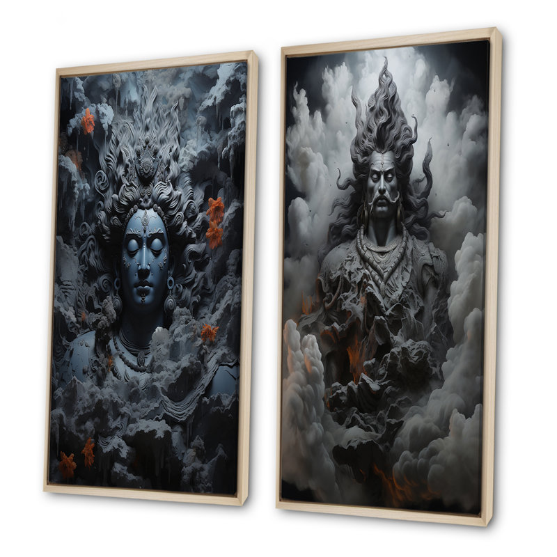 Hindouisme Rudras Stormy Slate - ensemble de 2 décorations murales de l'hindouisme, Encadrement brun, H 32 po x l 33 po