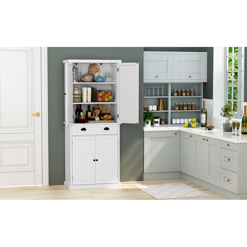 72" Kitchen Pantry  with Adjustable Shelves and a Large Drawer, White, White