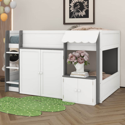 Full Size Loft House Bed With Playhouse & Storage Cabinet, Wood Cabin Bed With Window And Ladder For Kids Teens Adults