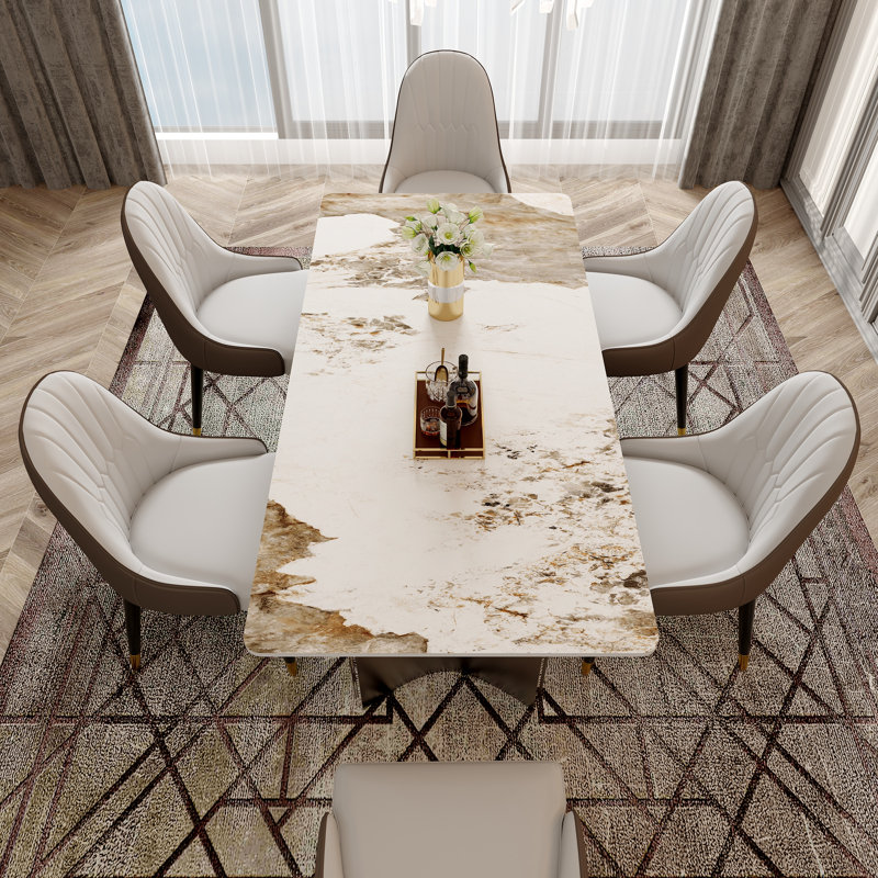 Table de salle à manger pour 6 à 8 personnes, avec plateau rectangulaire en pierre frittée et base en acier gris acier