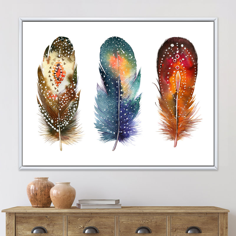Ensemble de plumes colorées Boho - Impression sur toile, Cadre blanc, H 24 po x l 32 po x P 1 po