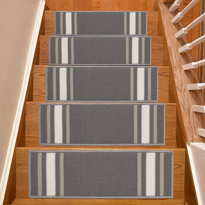 Custom Size Solid Bordered Striped Design Low Pile Stair Treads Carpets, Rectangle 31.5" x 10", Gray