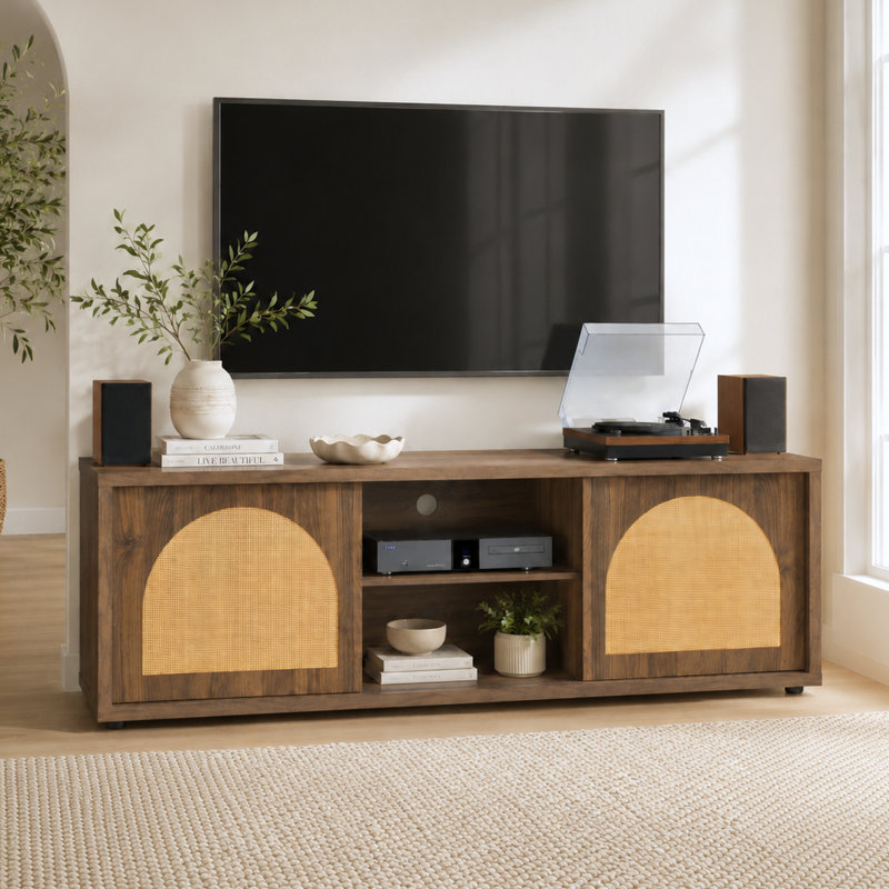 Balard 68" W TV Stand TV Stand with Arched Cane Doors and Open Shelves