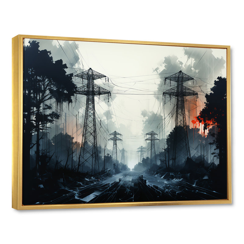 " Stormy Ebony Edges Power Lines City ", Gold Floater Framed, 34" H x 44" W