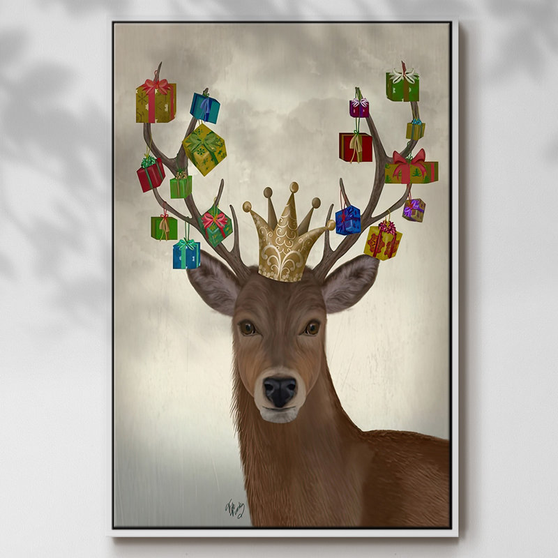 Cerf portant un cadeau de Noël, H 25 po x l 17 po x P 1,5 po, Blanc