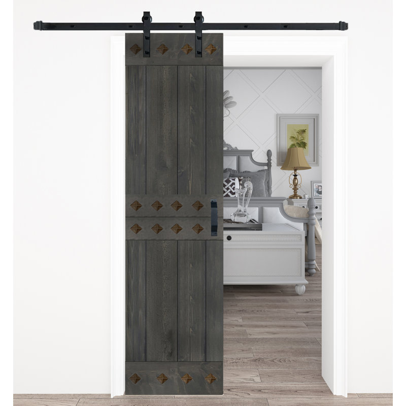 Porte de grange à panneaux et en bois avec quincaillerie d'installation, 24 po x 84 po, Gris carbone