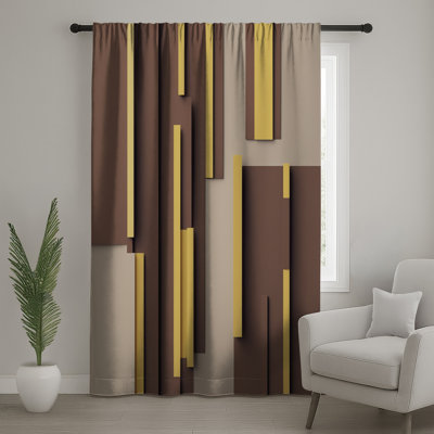 Brown Yellow Rectangular Blocks Window Curtains, Rectangles Sheer & Blockout Curtains - 1 Panel
