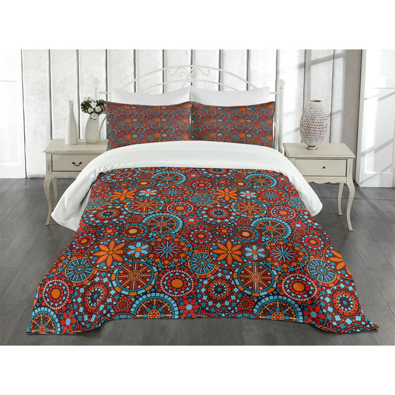 Ambesonne Mandala Bedspread Set Circular Nested Floral Form Vermilion Ruby Sky Blue, King Bedspread + 2 Standard Shams