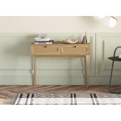Mid-Century Modern Mattson with 2 Rattan Drawers, Natural Wood Look Entryway Table, Narrow Sofa Table for Hallway
