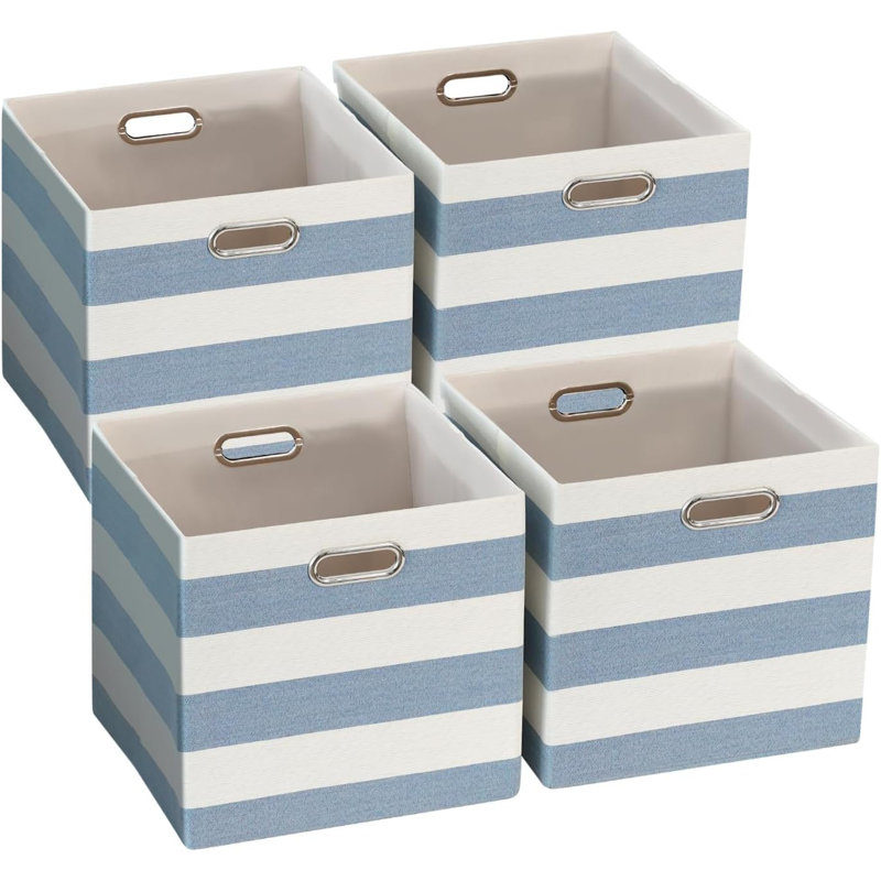 Ensemble de 4 bacs de rangement en tissu rayé bleu / blanc avec poignées