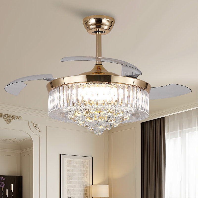 48" Dimmable Crystal Ceiling Fan With Led Lights And Remote Control, Gold with GOLD