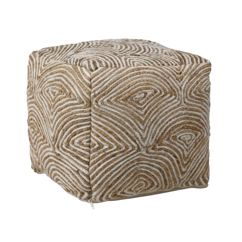 Handwoven Beige and White Wool and Jute Pouf