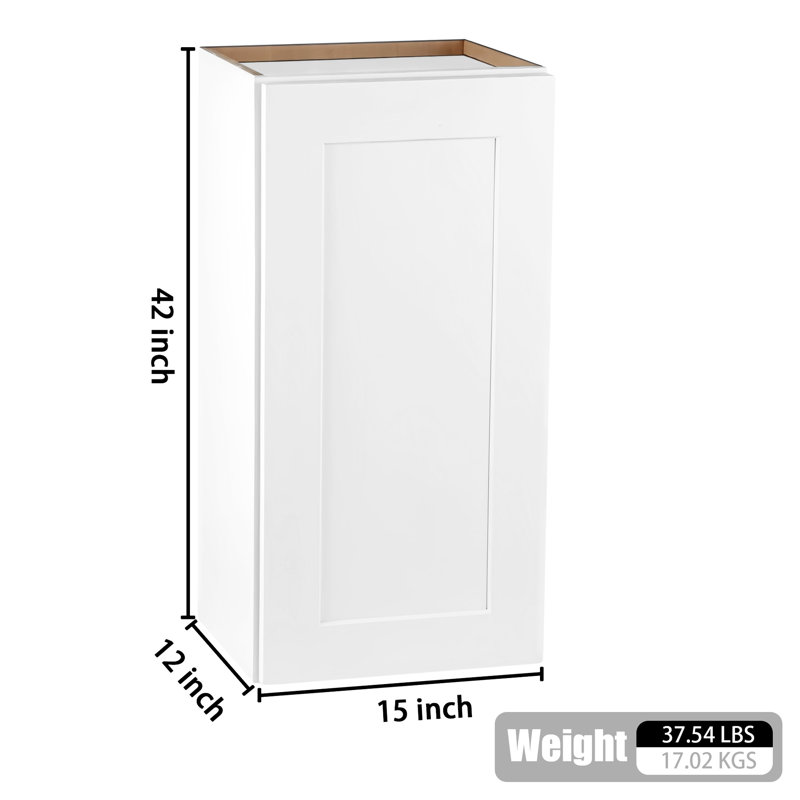 Armoire murale blanche en bois massif à une porte, 3 tablettes réglables, charnières à fermeture douce, assemblage facile, pour la cuisine, le bureau, 15 po de profondeur, 12 po de largeur, 42 po de hauteur, armoire en blanc