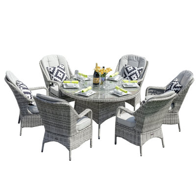 7 Piece Wicker Patio Dining Set With Round Table And 6 Rattan Wicker Chairs With Cushions