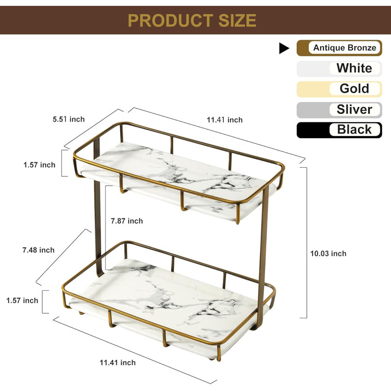 Organisateur de salle de bain - Comptoir de maquillage et de parfum à 2 niveaux avec cadre en acier inoxydable et plateaux à motif de marbre pour meuble-lavabo, commode ou cuisine