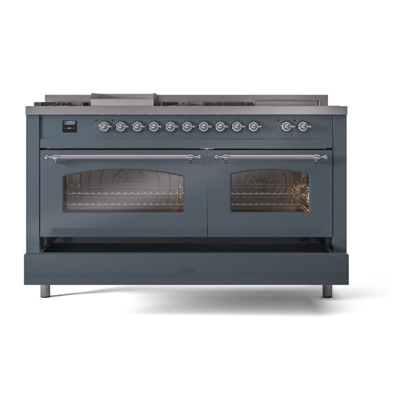 ILVE Nostalgie II Series 60 inch Dual Fuel Range with 5 Sealed Burners, Griddle, Frenchtop (Glass Door), Blue/Gray/Chrome