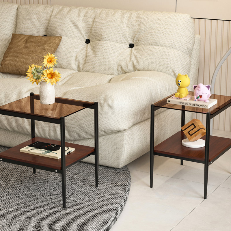 2 tables de bout rectangulaires robustes, en verre trempé et de couleur brune, L 19,1 po x l 15,25 po, H 21,58 po, capacité de charge de 110 lb de 2 tables de salon - teinte supérieure, capacité de charge