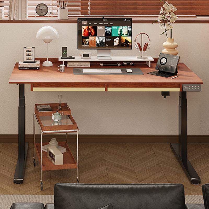 Bureau rectangulaire brun + noir massif + bois manufacturé + acier avec 2 tiroirs, 46.85" H x 55.12" W x 25.59" D
