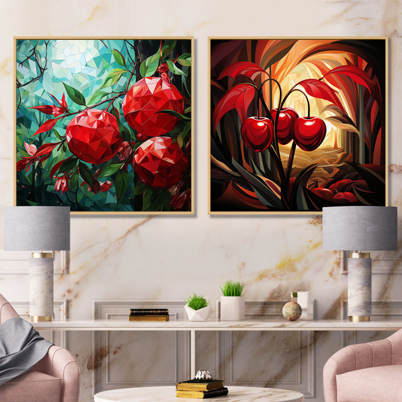 Summer Cherries Cubic Design I - Cherry Wall Decor Set Of 2, Cadre flottant brun, H 16 po x l 33 po x P 1 po