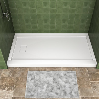 L 60 po x P 30 po, base de lavabo simple à seuil simple avec couvercle de bonde inclus, surface de douche antidérapante à surface texturée, blanc, bonde gauche