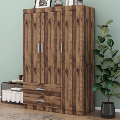 Garde-robe 3 portes avec 2 tiroirs et 2 tringles, garde-robe en bois Farmhouse