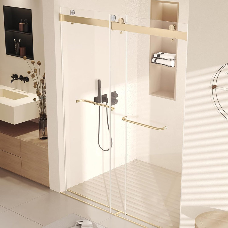 Semi-Frameless Sliding Shower Door, 2/5'' Double Sliding Tempered Glass Shower Door with Stainless Steel Handles- 60" W x 76" H, Gold