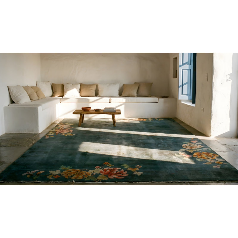 Antique Sea Foam Color Minimalist Floral Chinese Art Deco Area Rug