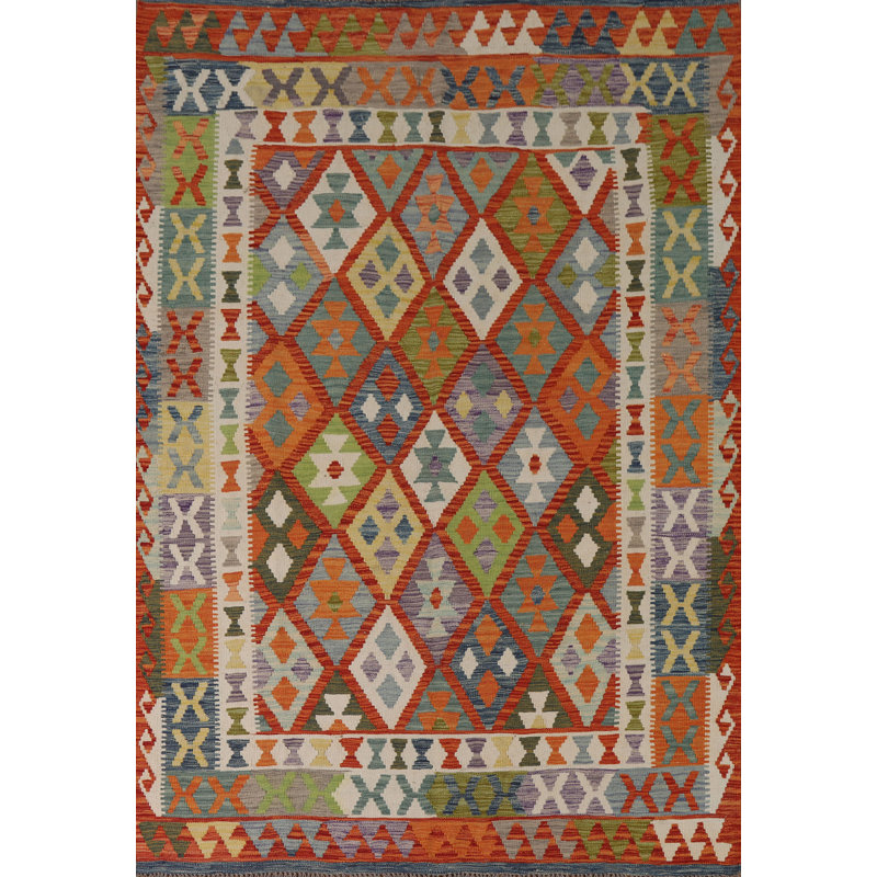 Tapis oriental géométrique en laine Kilim 6 x 8