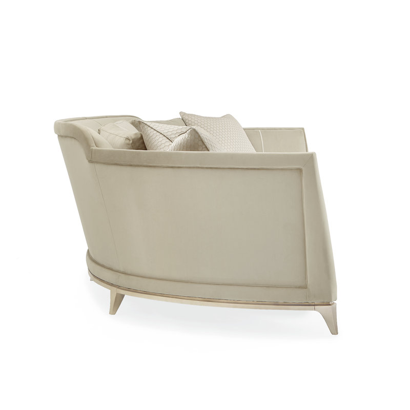 Beige Velvet Crescent-Shaped Sofa with Wood Base