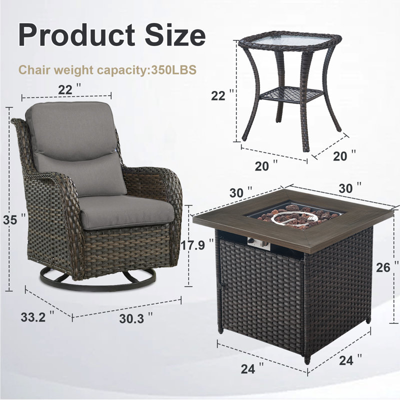 Koba 7-Piece Outdoor Conversation Set – Swivel Rocking Chairs with Fire Pit & Side Tables, Brown, Gray