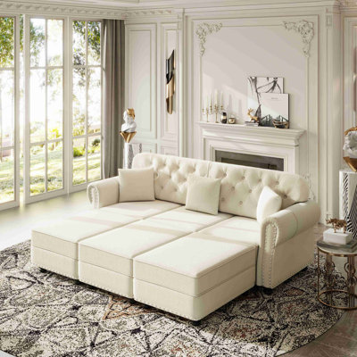 Canapé Chesterfield 82,6 po rembourré en velours avec garniture cloutée et accoudoirs roulés, canapé de style Mid-Century moderne capitonné avec boutons, inclus 3 coussins