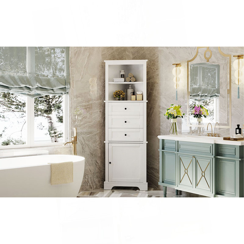 Armoire haute triangulaire avec 3 tiroirs et tablettes réglables pour la salle de bain, la cuisine ou le salon, Blanc