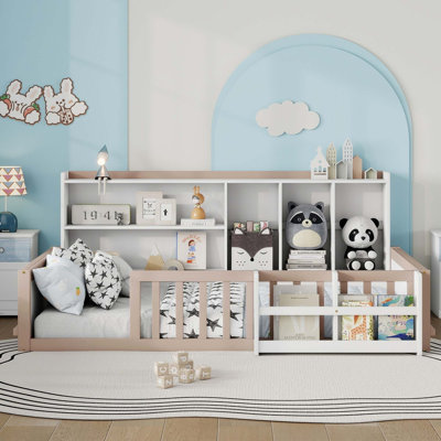 Wooden Kids Floor Bed with Safety Guardrail and Multi-Storage System